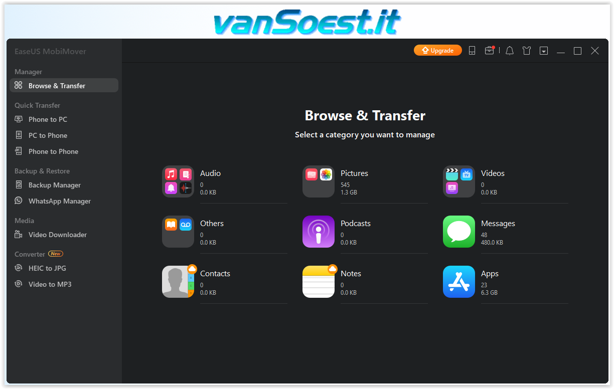 EaseUS MobiMover Free: Browse & Transfer selectie menu.